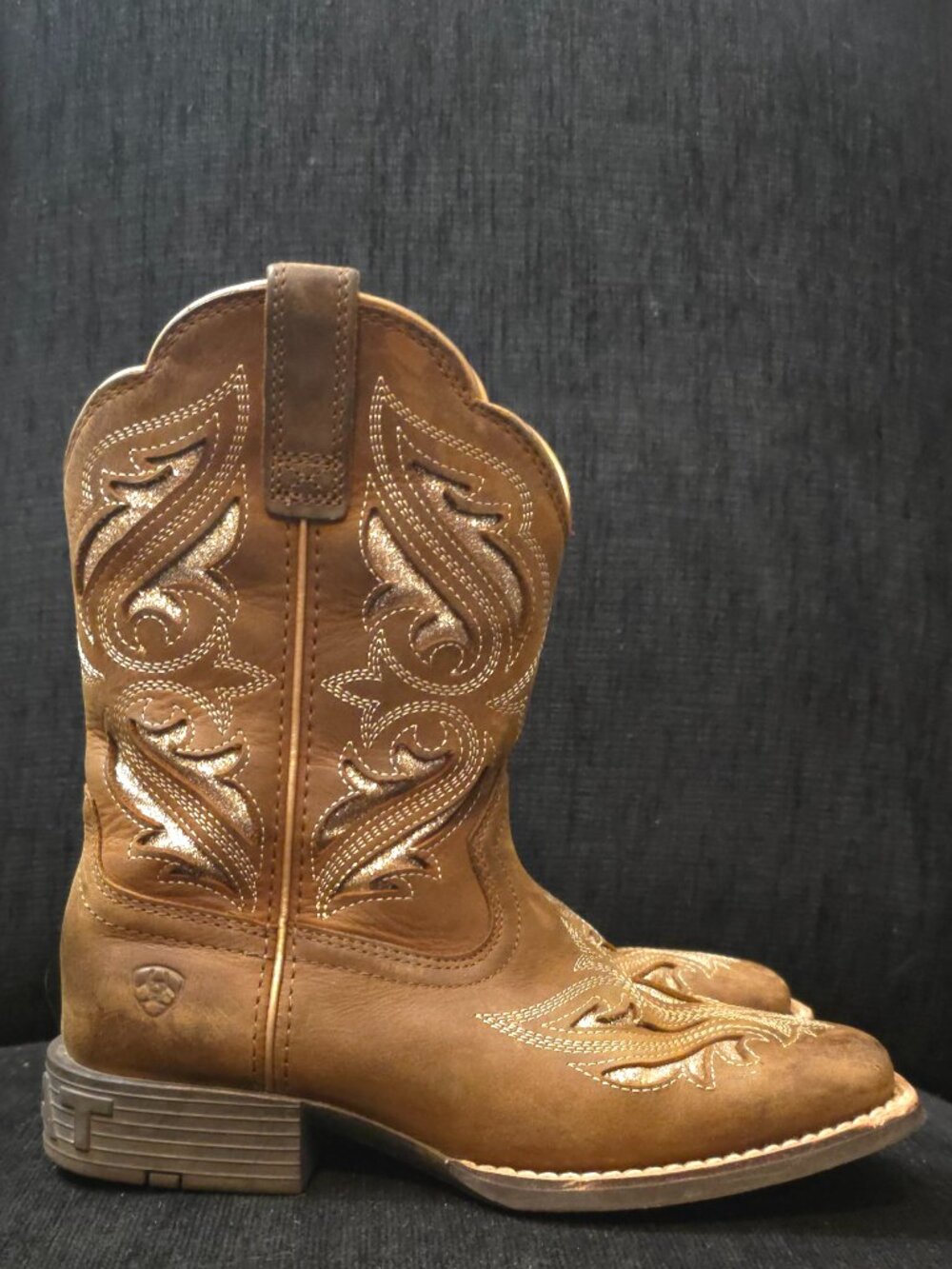 Ariat Kids Round Up Bliss Sassy Brown Glitter Leater Western Boots-Girls Size 1